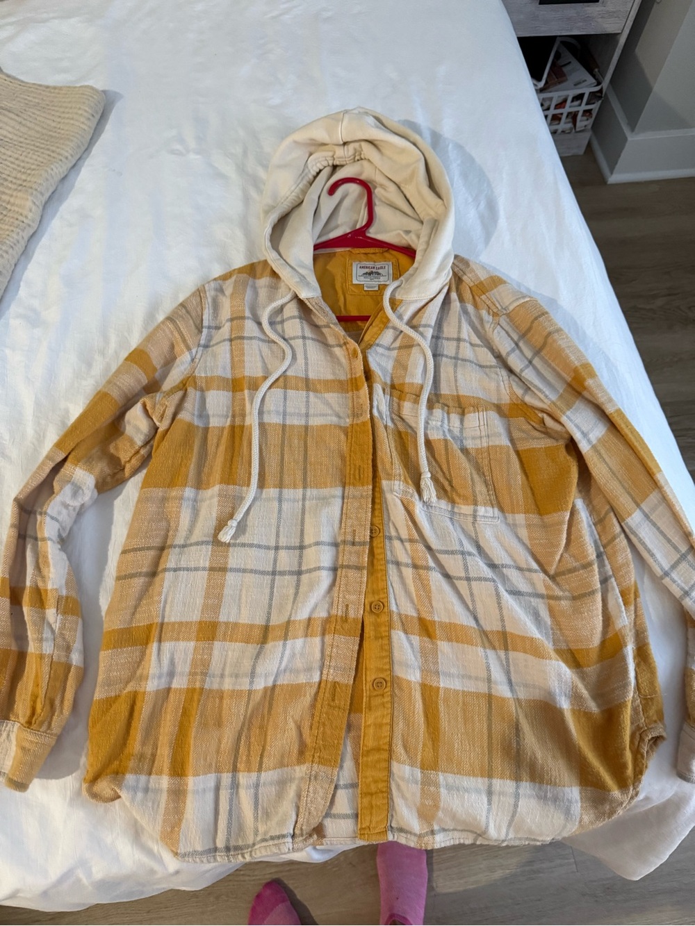American Eagle Outfitters Yellow and Cream Plaid Hooded Shirt/Jacket